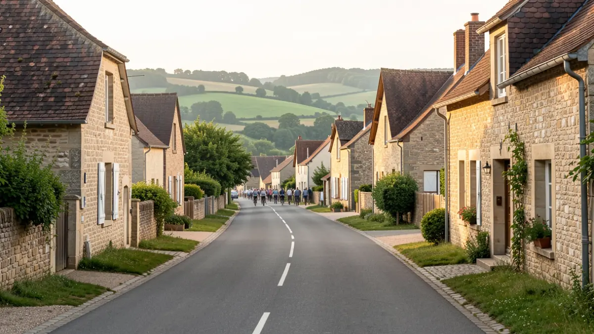 Image générique d'une route pittoresque dans un village belge avec des maisons traditionnelles en pierre et des collines verdoyantes, sous une douce lumière d'après-midi. La route est dégagée.