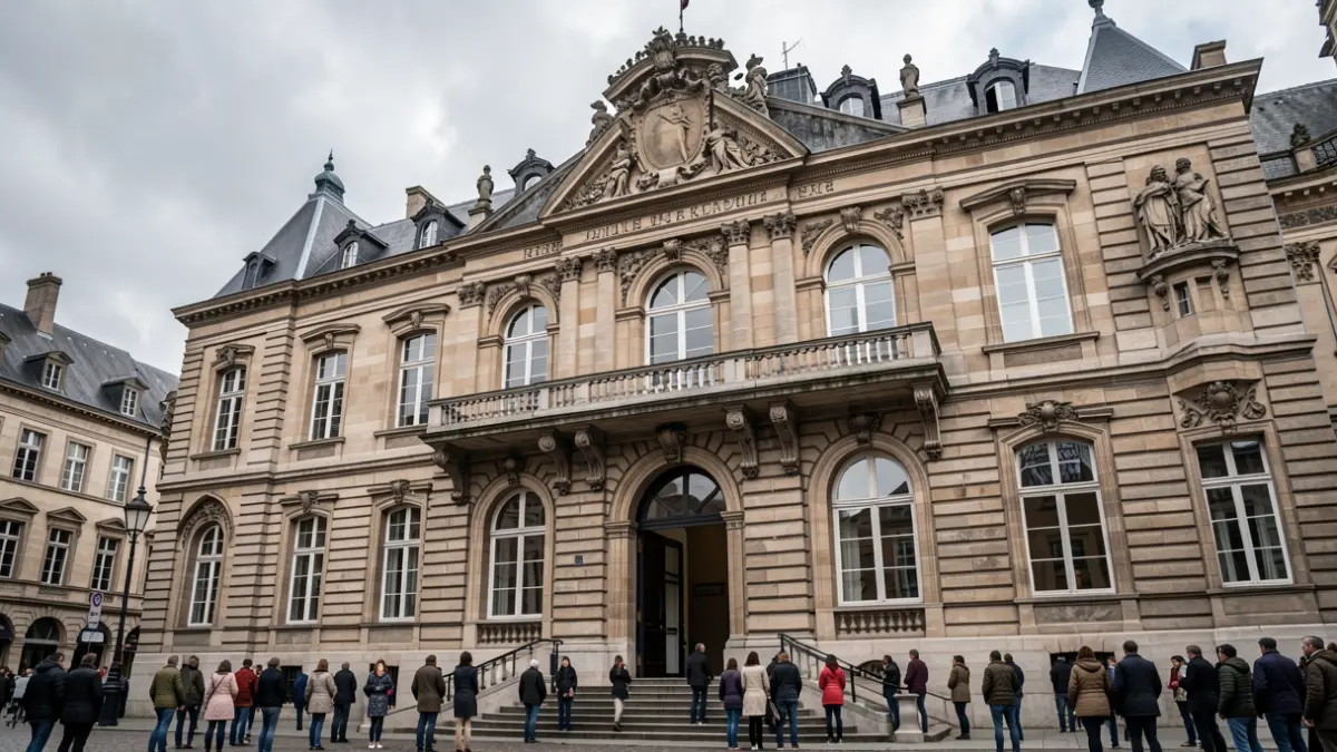 Image générique de la façade d'un bâtiment communal belge en pierre avec un balcon orné, sous un ciel couvert. Lumière naturelle douce.