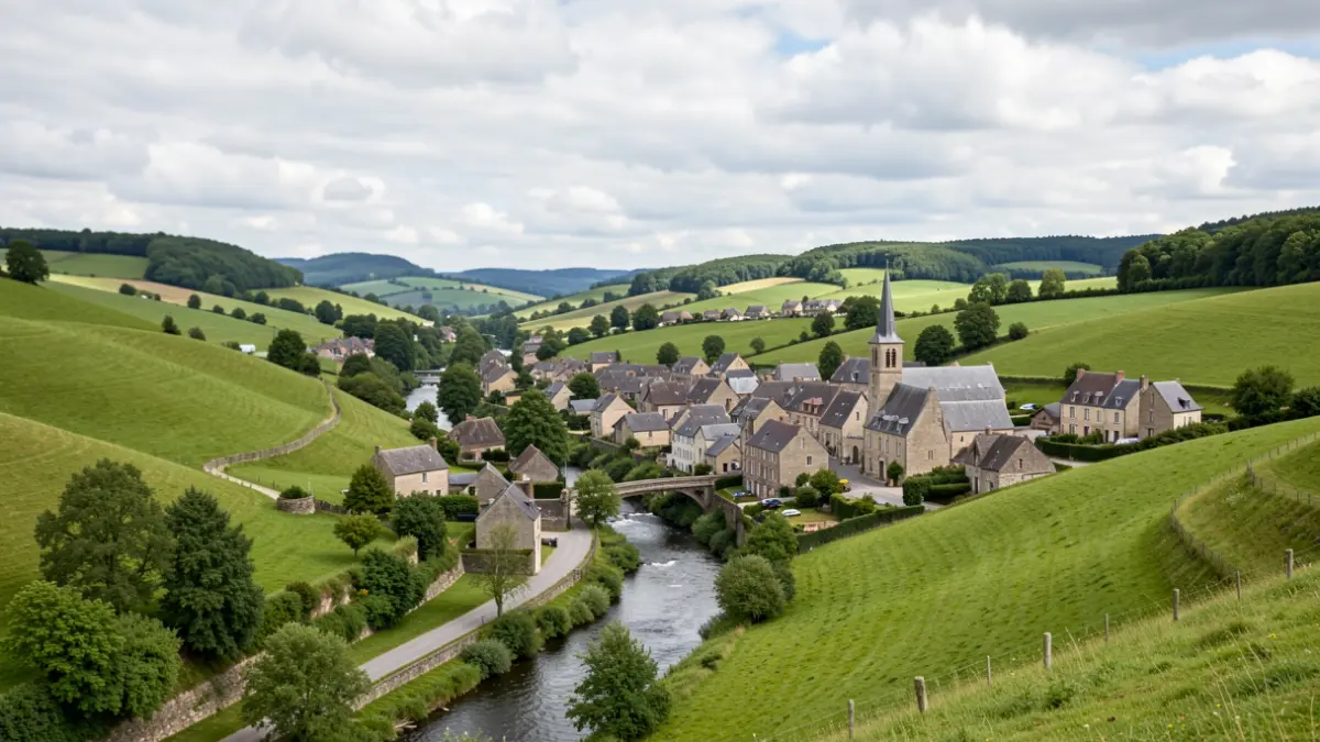 Vue panoramique d'un village belge dans une vallée verdoyante avec une rivière et une église.
