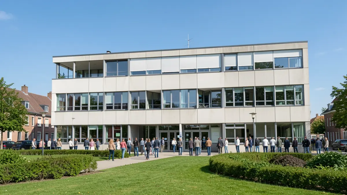 Image générique de la façade d'un bâtiment administratif communal moderne en Belgique, avec des espaces verts et un ciel bleu clair.