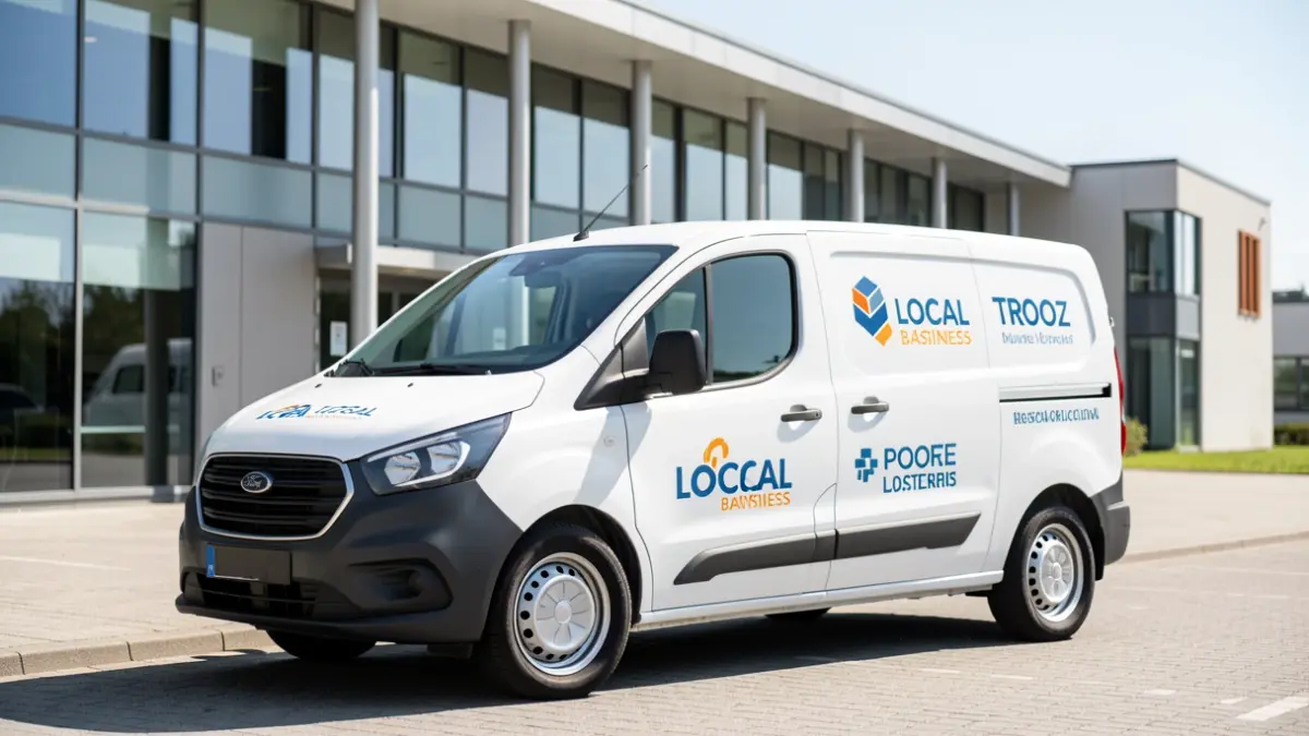 Nouveau véhicule communal de Trooz orné des logos de commerçants locaux.