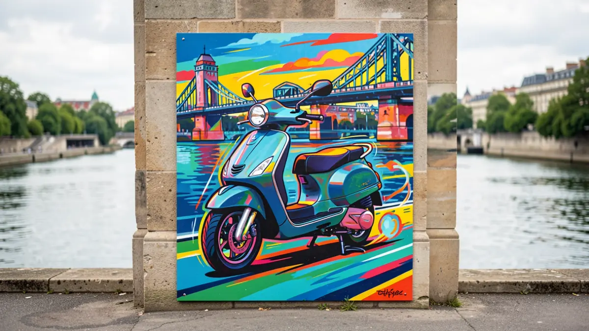 Urban art mural "Scooter dans la ville" by Serge Nokin, installed on a wall in Huy.