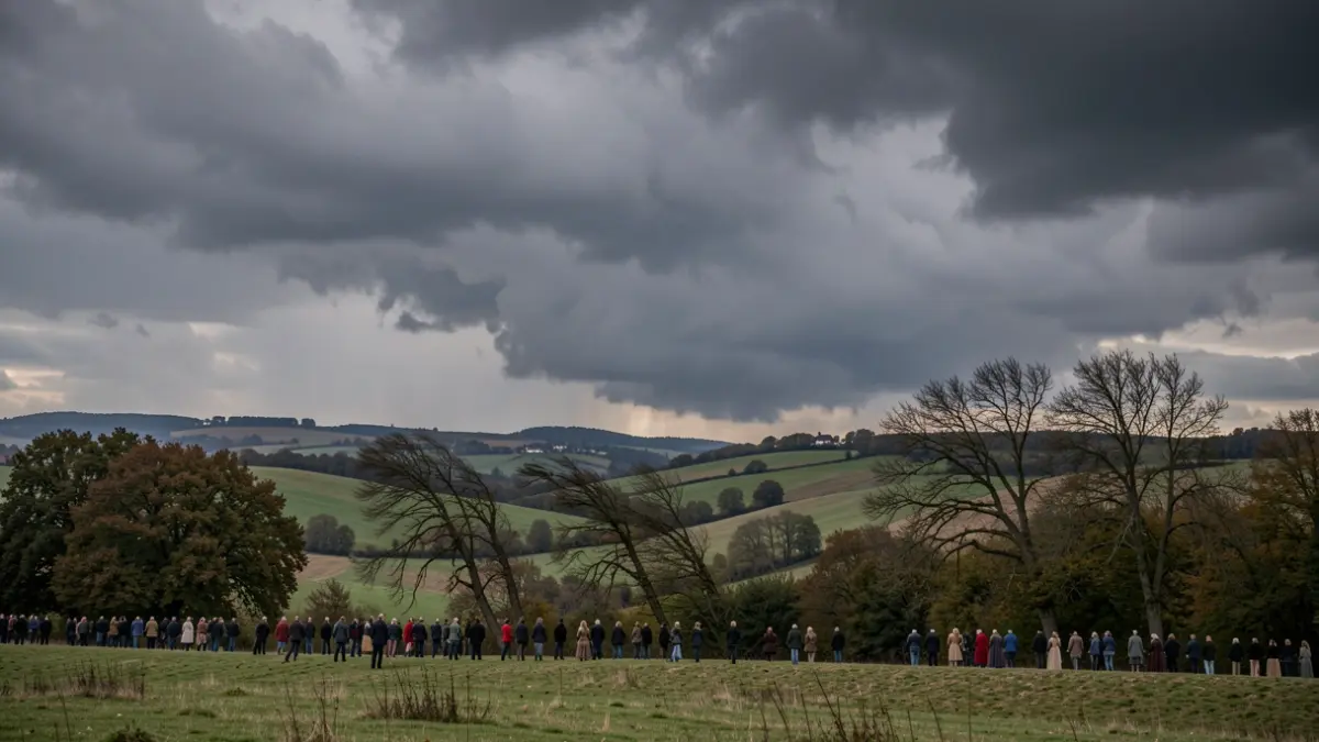 Image générique de paysage de la Province de Liège avec des nuages d'orage sombres et des arbres courbés par le vent.