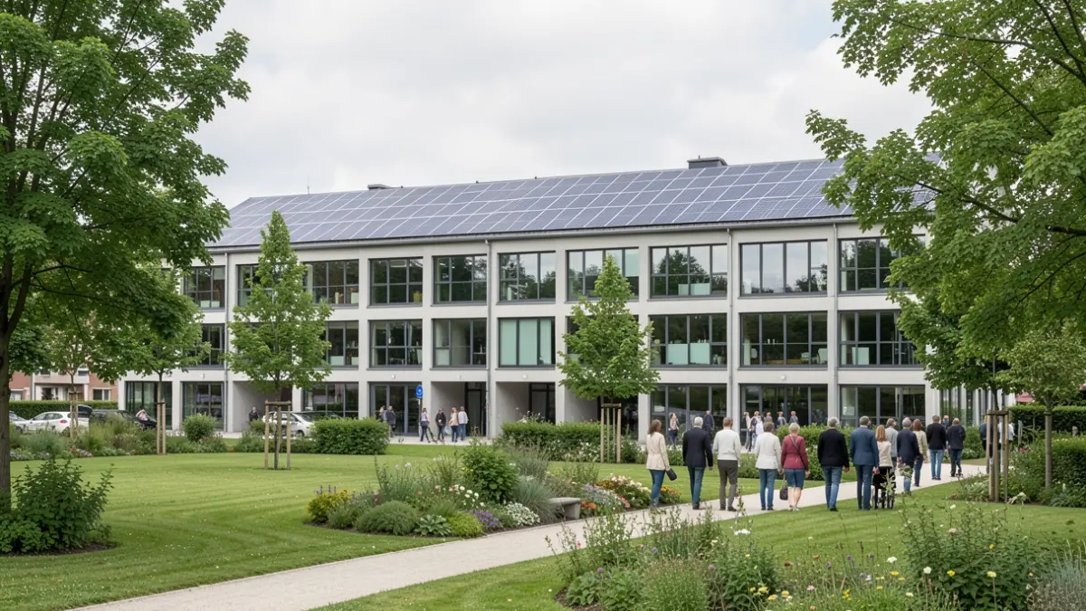Nouveau bâtiment relais à Verviers, conçu pour accueillir des entreprises avec des panneaux photovoltaïques et des espaces verts.