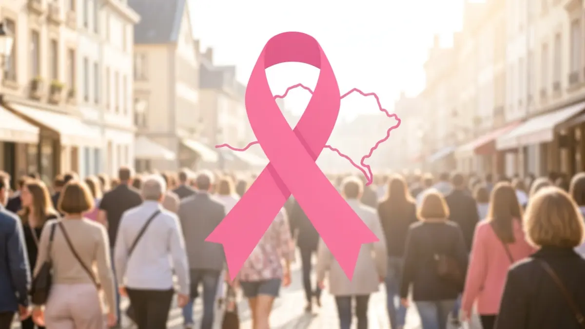 Image symbolique de la lutte contre le cancer du sein en Belgique, avec des éléments régionaux subtils et une lumière d'espoir.