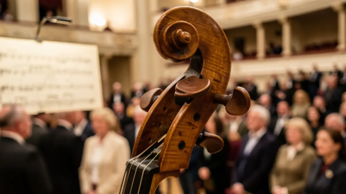 Close-up of a cello's scroll and tuning pegs, with a blurred orchestral music score in the background. Soft, warm lighting.