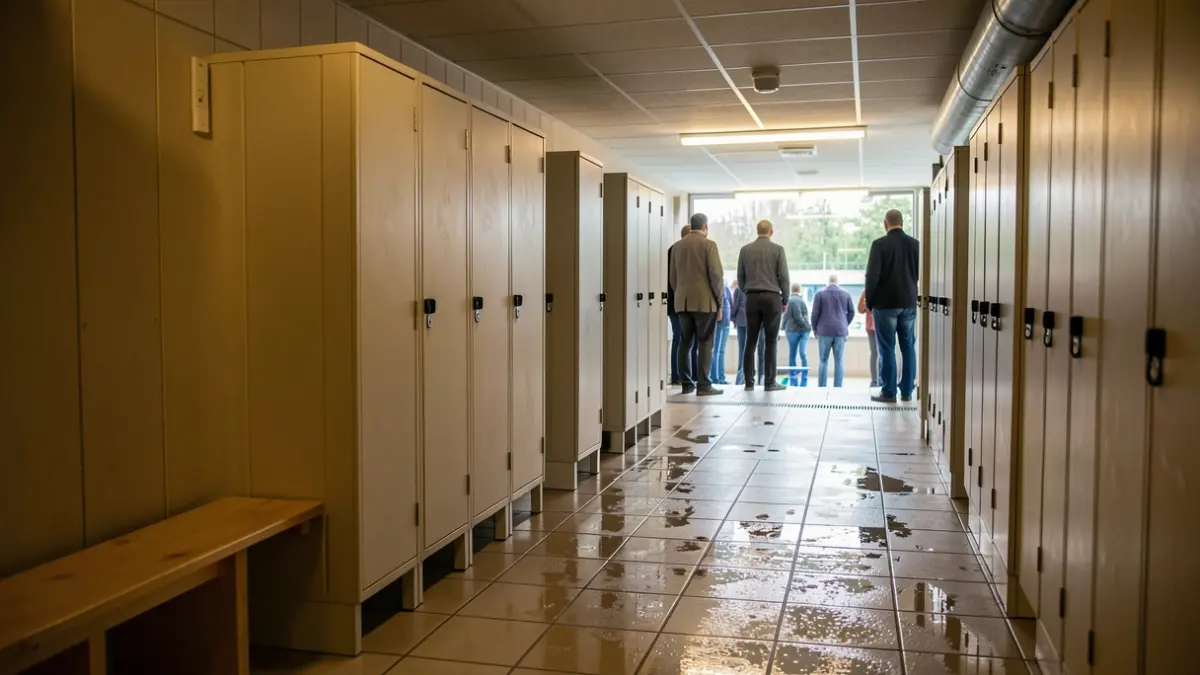 Image générique des casiers vides dans un centre aquatique belge, sol mouillé, éclairage d'ambiance.