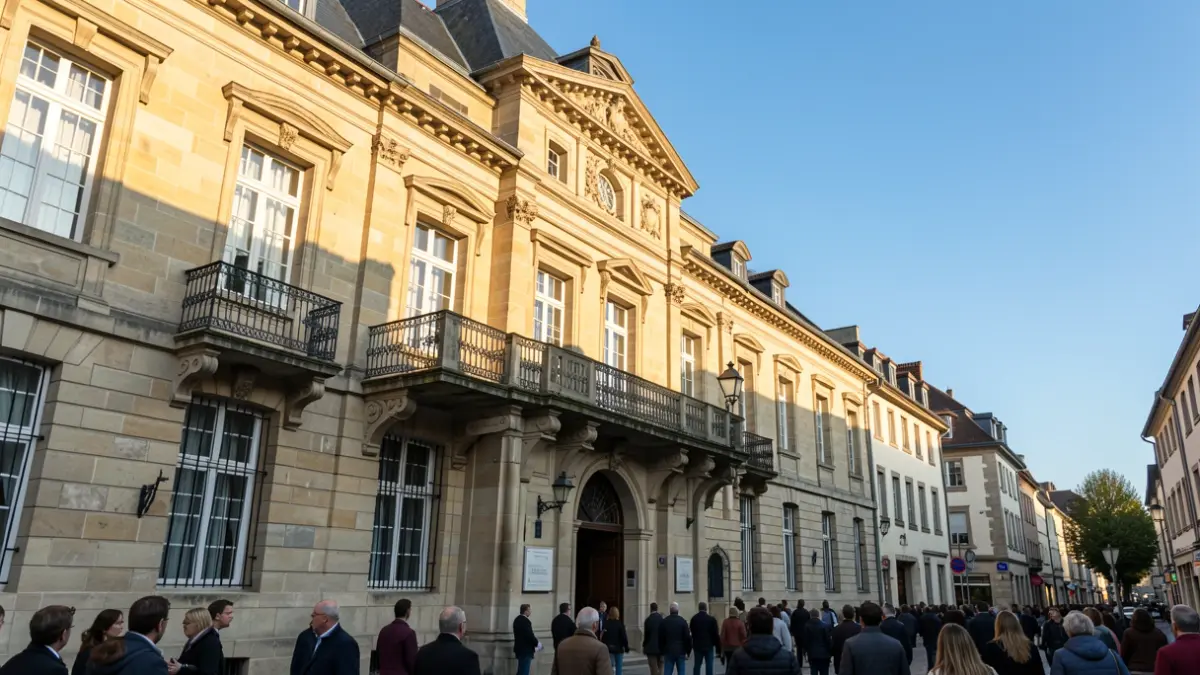 Image générique de la façade d'un bâtiment communal belge, avec un balcon orné et un ciel bleu.